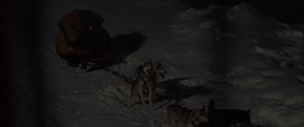 Siberia (2019) movie still: wide — A dark, snowy field is illuminated by a narrow beam of artificial light. A person wrapped in heavy furs kneels…