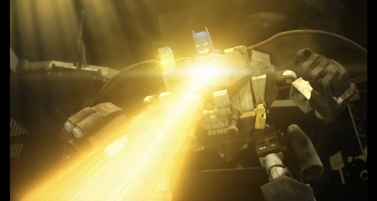 LEGO DC Comics Super Heroes: Justice League - Cosmic Clash (2016) movie still: medium — A blocky robotic construction resembling a vehicle fires a…