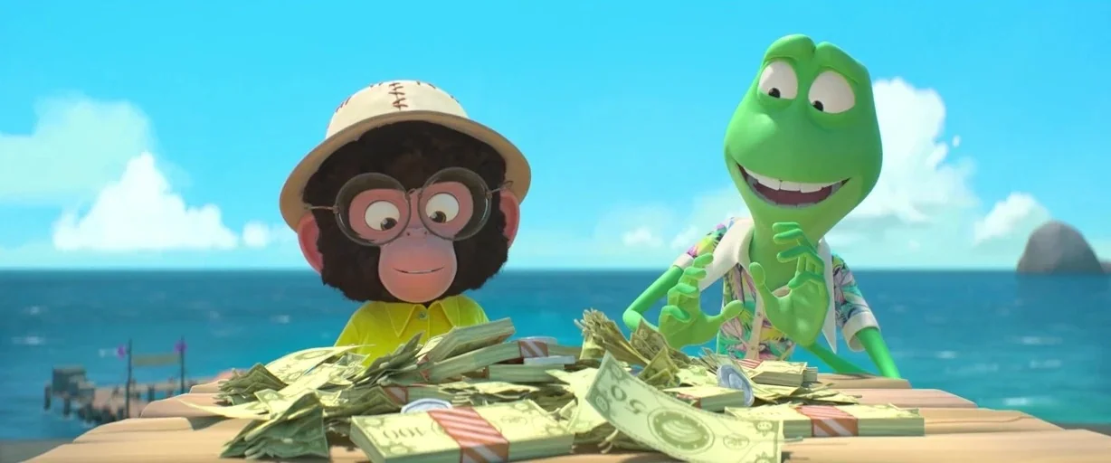 Around the World in 80 Days (2021) movie still: medium — A wooden pier extends over a bright blue ocean under a clear sky. A cartoon monkey and a…