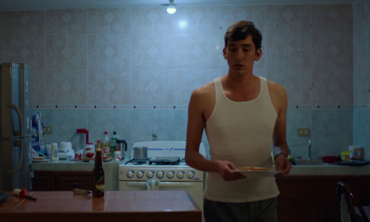 The Untamed (2016) movie still: medium — A modest home area features tiled walls and a stove with various countertop appliances. A young man walks…