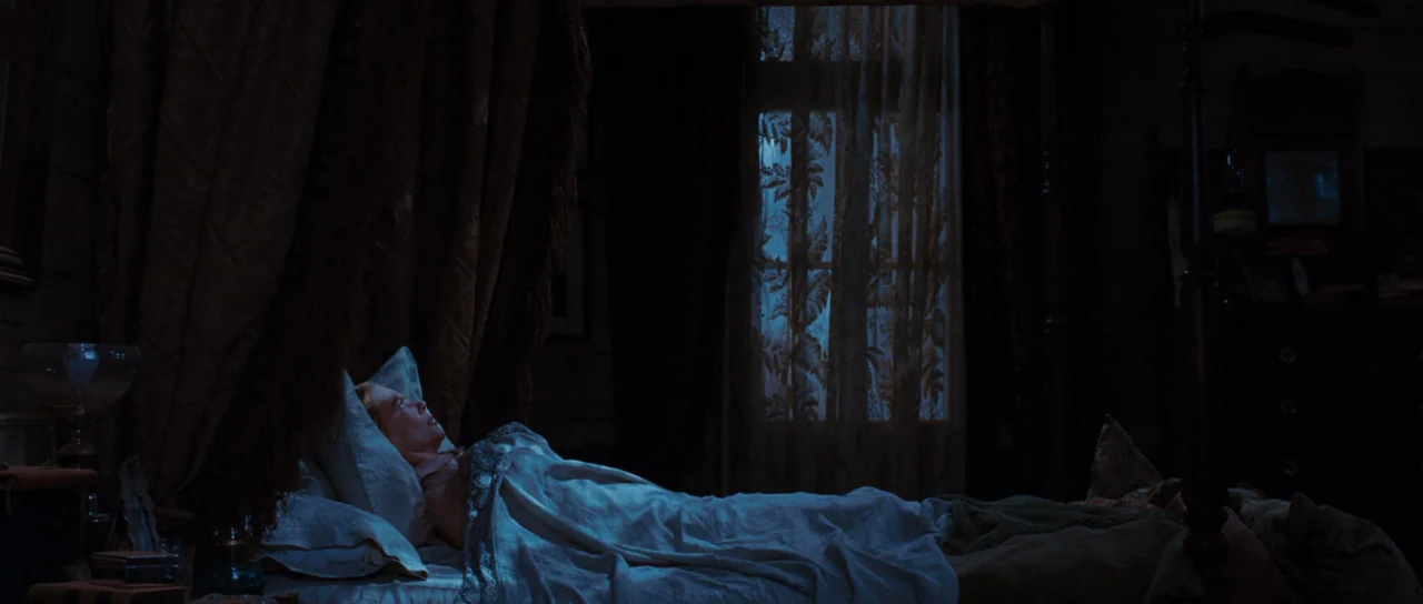 Australia (2008) movie still: medium — A darkened bedroom features a four-poster bed draped with heavy fabric and patterned lace curtains. A woman…