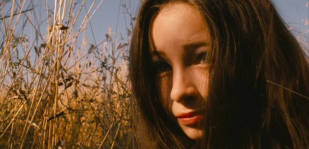 Tideland (2005) movie still: closeup — A young woman stands within a dense patch of tall dry golden stalks of grass. The camera focuses closely on…