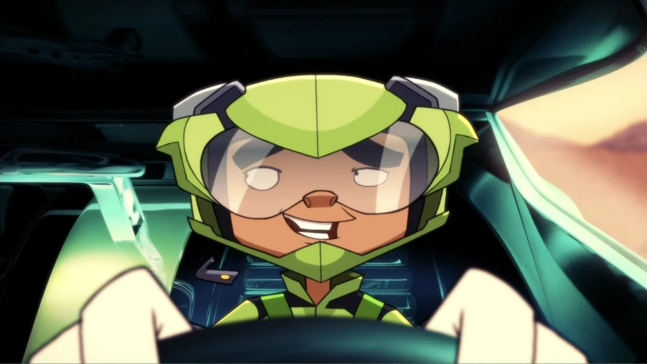 Team Hot Wheels: The Skills to Thrill (2015) movie still: closeup — A stylized cartoon character sits inside the cockpit of a vehicle. The driver…