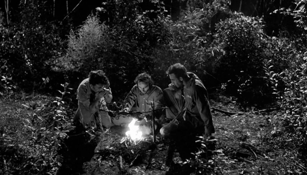 Down By Law (1986) movie still: fullbody — A dense wooded area at night is illuminated by a small flickering campfire. Three men are gathered…
