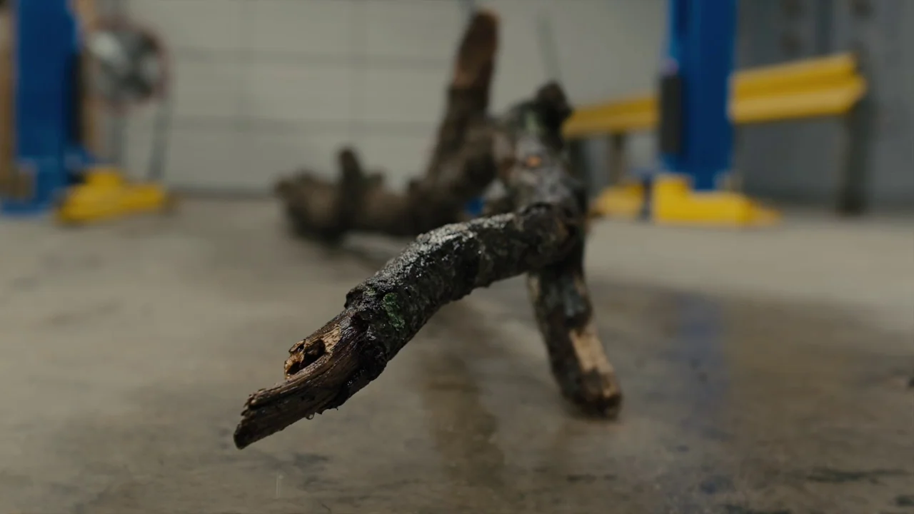 Prisoners (2013) movie still: closeup — A wet, mossy tree branch lies on the concrete floor of a vehicle repair shop. Bright blue and yellow…