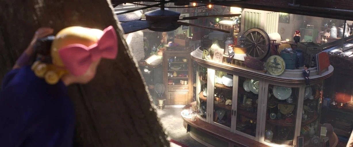 Toy Story 4 (2019) movie still: medium — A cluttered shop interior features curved wooden display cases filled with assorted ceramics and trinkets.…