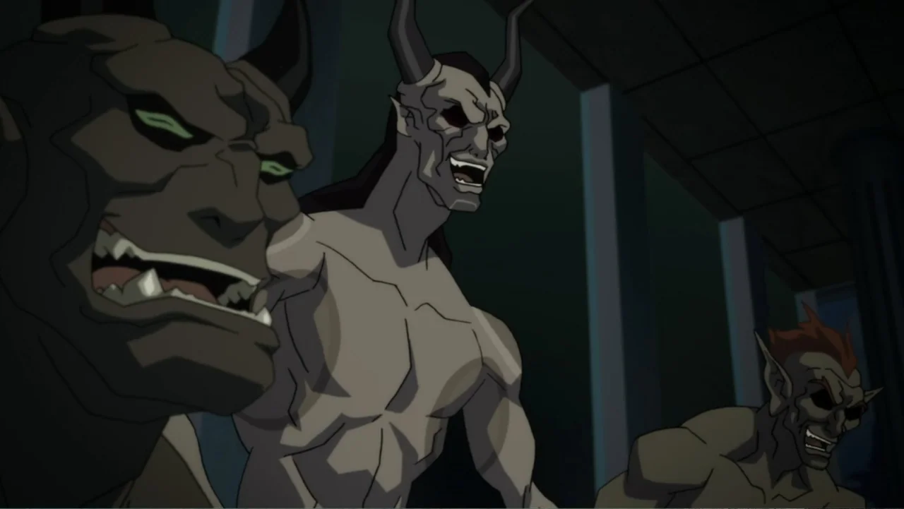 Justice League Dark (2017) movie still: medium — An interior stone corridor features dim lighting and pillars visible in the background. Three…