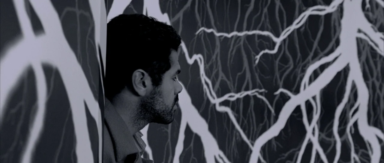 Angel-A (2005) movie still: medium — An interior space features walls covered in a high-contrast white branching root pattern. A man stands in…