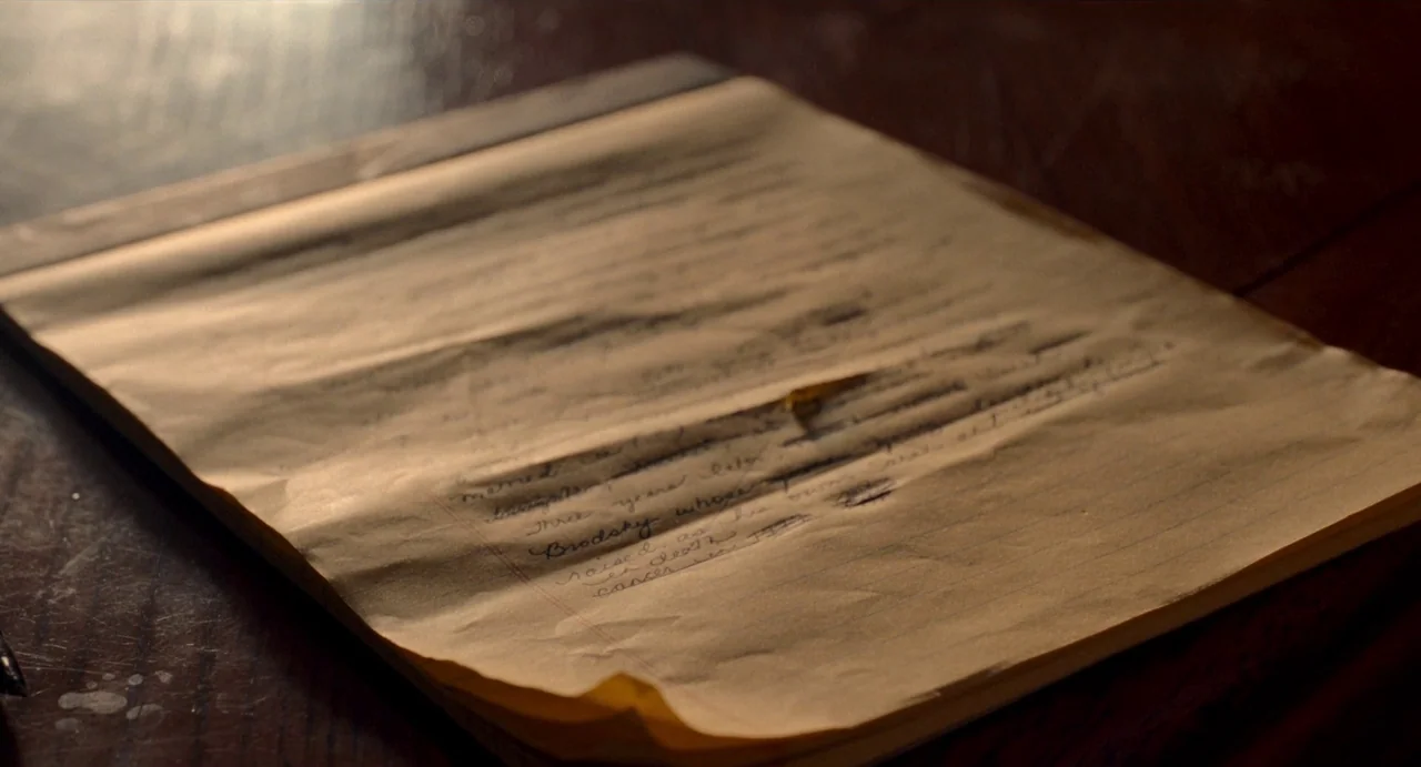 His Three Daughters (2023) movie still: closeup — A piece of aged, lined yellow legal paper lies on a dark wooden surface. The paper has a prominent…