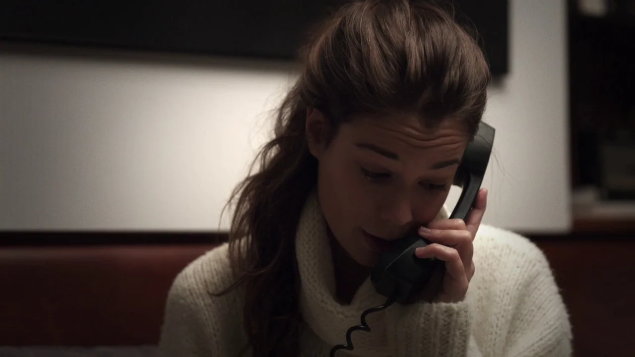 Piercing (2018) movie still: closeup — A dark indoor space features a wall with a horizontal black rectangular panel. A woman in a white turtleneck…