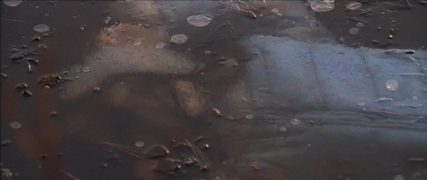 Snow Angels (2007) movie still: closeup — A close view of a frozen pond surface with trapped air bubbles and debris. The ice texture is varied with…