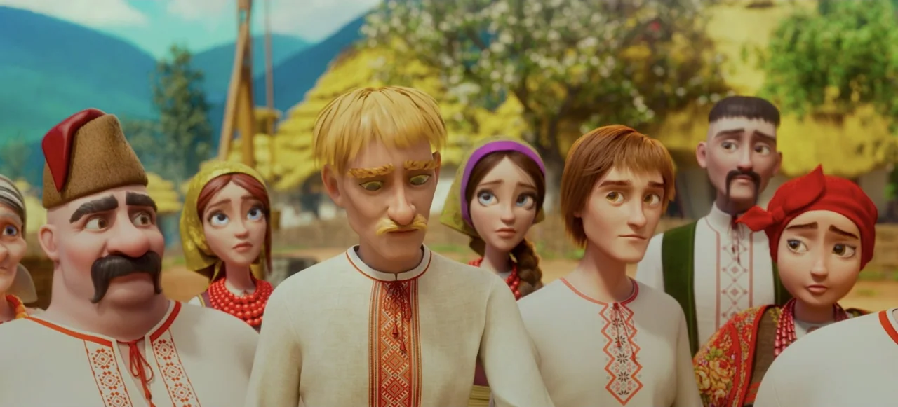 Mavka: The Forest Song (2023) movie still: medium — A group of people wearing traditional embroidered clothes stands in a rural village setting. The…