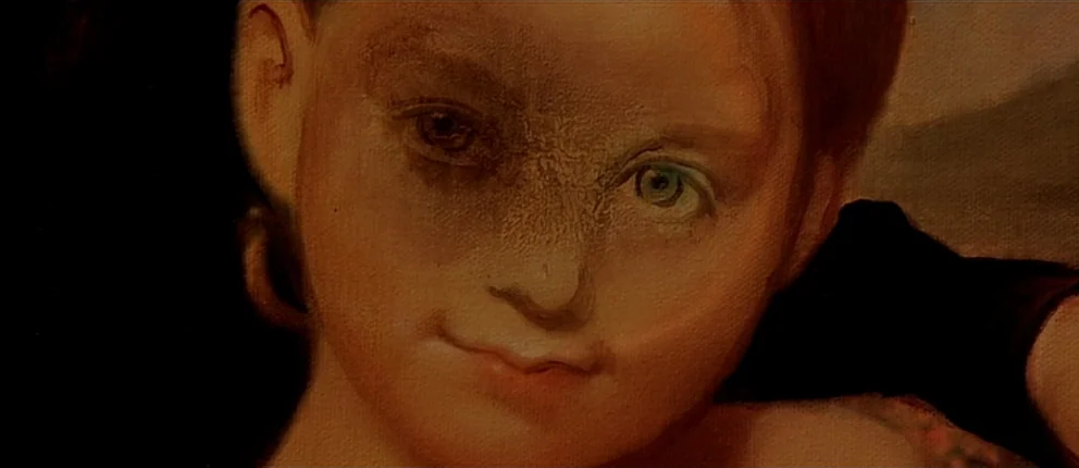 Gangs of New York (2002) movie still: closeup — An oil painting of a child hangs in a dimly lit environment. The canvas shows thick brushstrokes and…