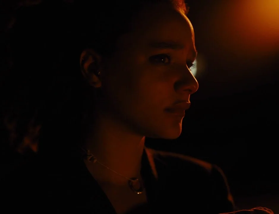 American Honey (2016) movie still: closeup — A dark outdoor setting at night illuminated by flickering light. A woman's face is shown in profile as…