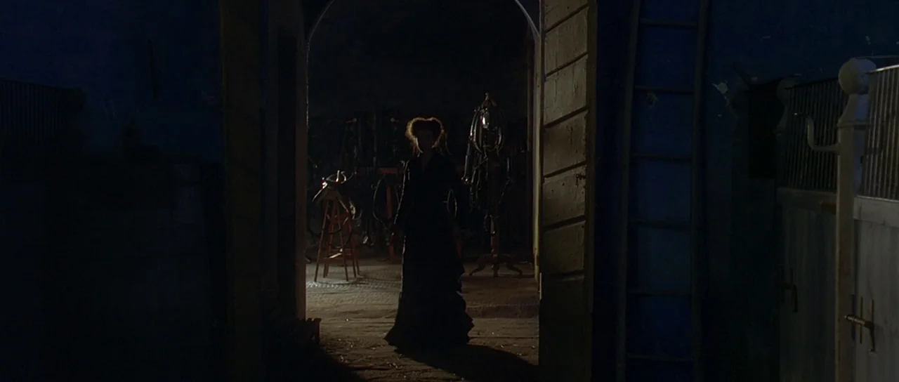 The Portait of a Lady (1996) movie still: fullbody — A dark tack room contains saddles and riding gear on wooden stands. A woman in a long dress…