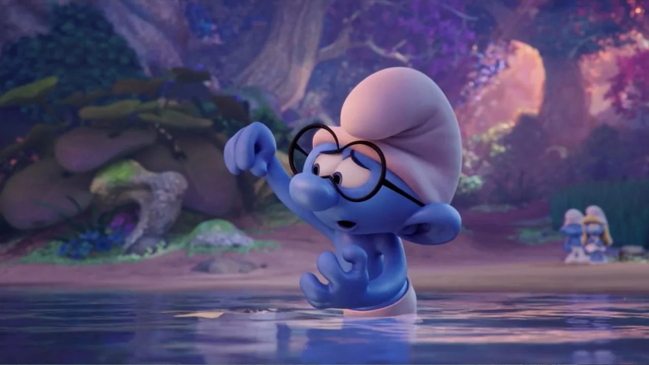 Smurfs: The Lost Village (2017) movie still: medium — A riverside area with lush, purple-toned vegetation under vibrant, stylized trees. A small…