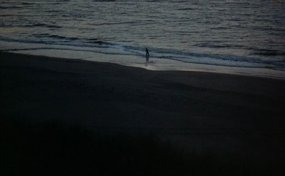 Soldier of Orange (1977) movie still: wide — A dark sand beach stretches out against a low-light ocean at dusk. A lone figure stands near the water…