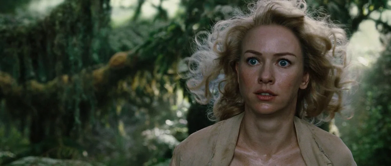 King Kong (2005) movie still: closeup — A dense, mossy jungle environment features blurred tropical foliage and hanging vines. A blonde woman with…