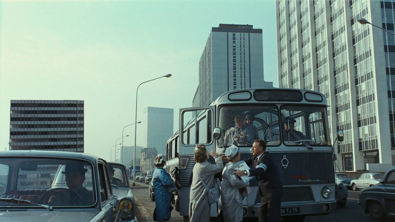 Playtime (1967) movie still: wide — A modern city street lined with tall, grid-patterned office buildings during the day. People stand near a tour…