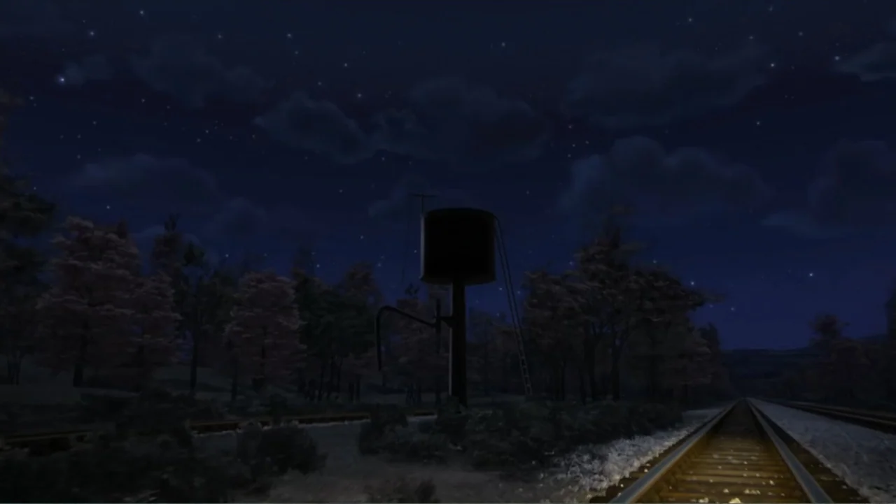 Thomas & Friends: Tale of the Brave (2014) movie still: establishing — A rural railway track stretches toward the distance at night under a starry…