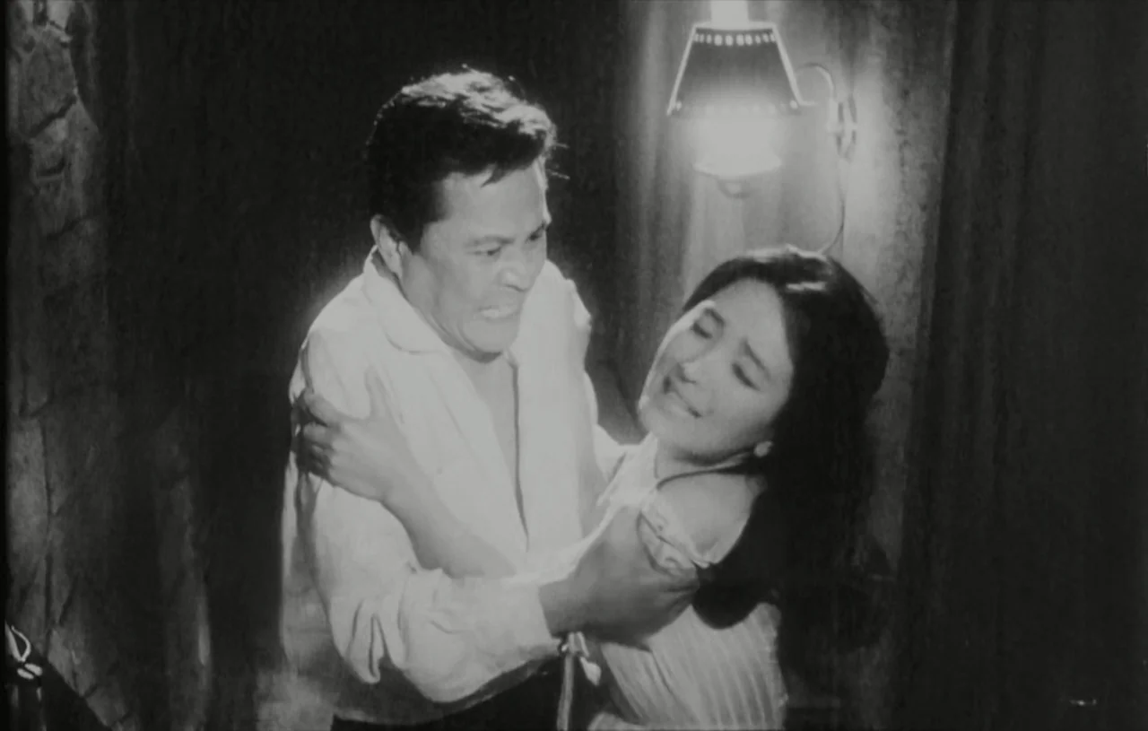 The Housemaid (1960) movie still: medium — A dimly lit interior space with a single wall-mounted lamp casting shadows. A man holds a woman firmly by…