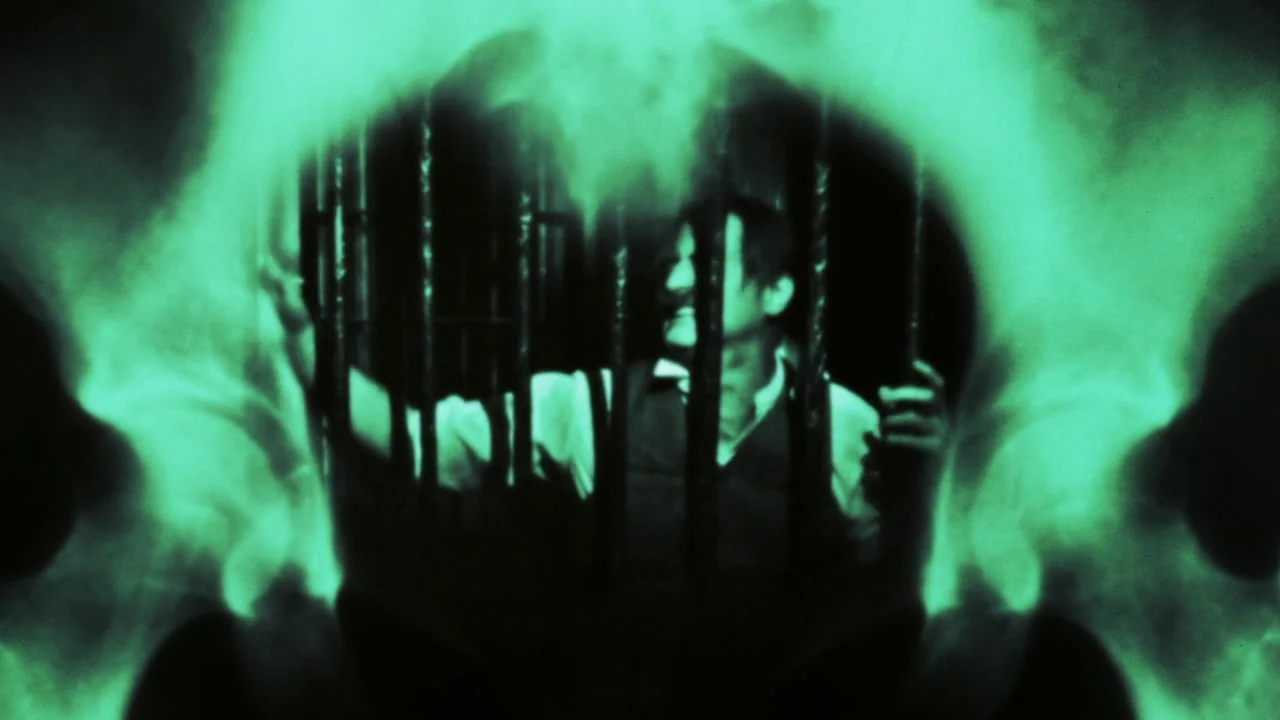 The Forbidden Room (2015) movie still: medium — An interior space features a man visible through a series of vertical iron bars. A translucent,…