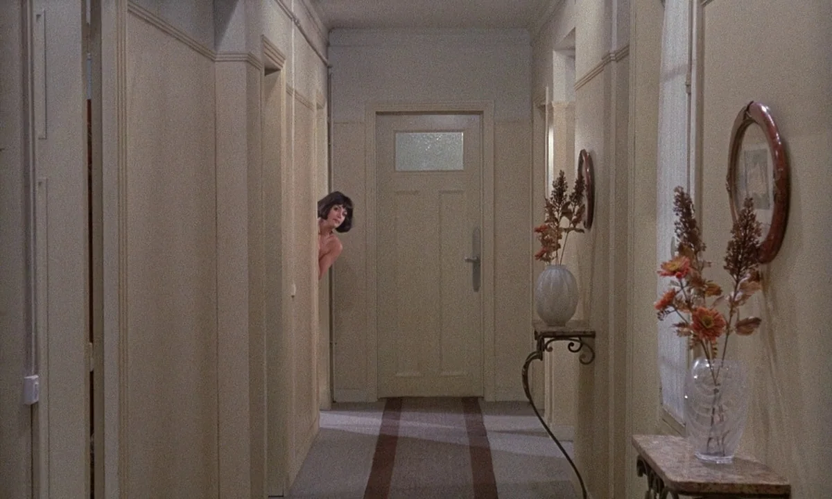 Belle De Jour (1967) movie still: wide — A light-walled apartment corridor has a centered door and two floral arrangements on tables. A woman with a…