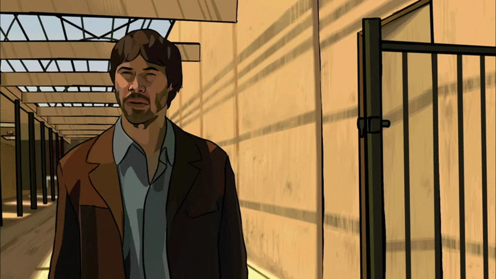 A Scanner Darkly (2006) movie still: medium — An outdoor passageway features concrete walls casting strong shadow stripes from overhead metal…