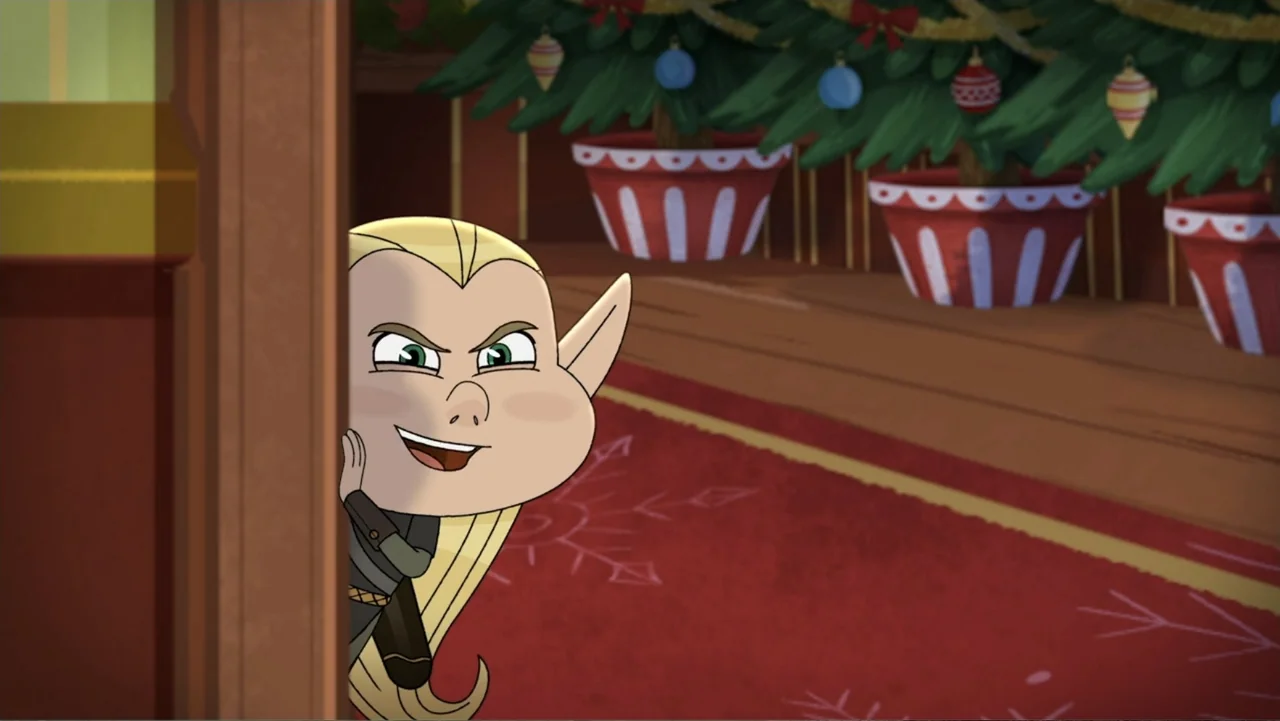 A Chuck E. Cheese Christmas (2025) movie still: closeup — An interior space features a red carpet running alongside several potted evergreen…