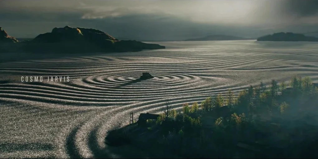 Shogun (2024) movie still: establishing — A vast, calm lake surface features perfectly symmetrical concentric ripple patterns spreading across the…