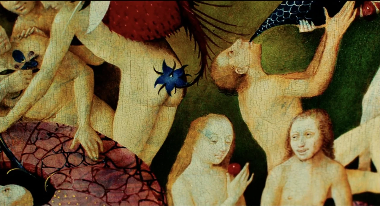 An Imperfect Murder (2017) movie still: medium — A close detail of a complex oil painting depicting numerous small nude human figures. The figures…