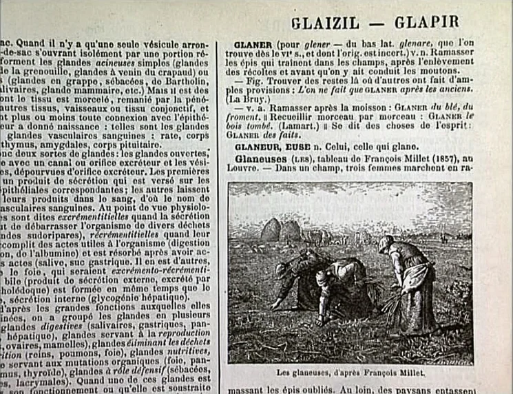The Gleaners & I (2000) movie still: closeup — An open page of a 19th-century French dictionary features dense columns of printed text. A small,…