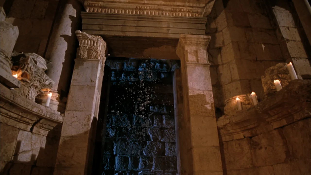 Mortal Kombat: Annihilation (1997) movie still: wide — An ancient stone portal stands within a dark, candlelit chamber featuring weathered masonry…