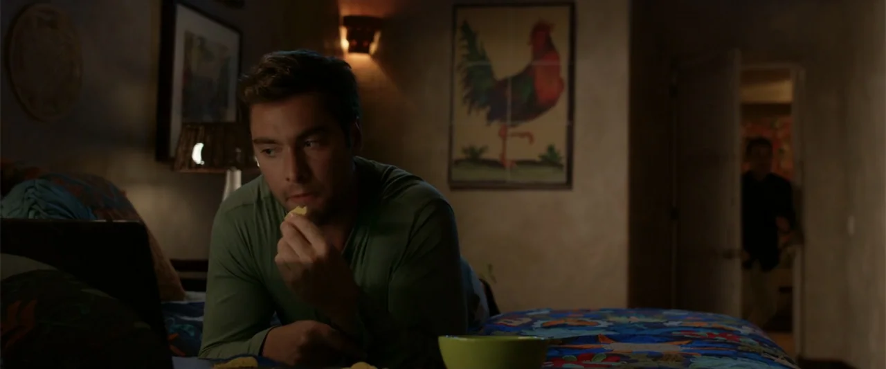 Beautiful Wedding (2024) movie still: medium — A dimly lit room contains a bed with a patterned quilt and a rooster wall hanging. A man in a green…