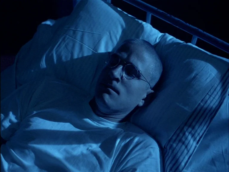 Full Metal Jacket (1987) movie still: closeup — A man sleeps on a hospital bed with thin striped pillows and blankets. The subject rests in a room…