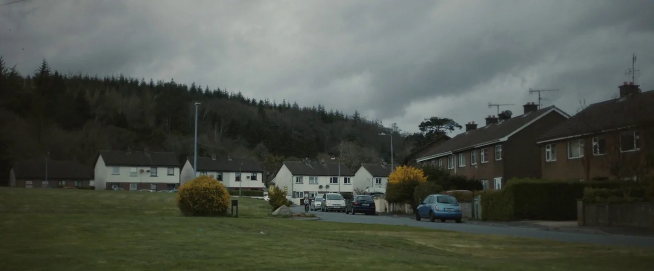 You Are Not My Mother (2021) movie still: establishing — A quiet suburban housing estate sits at the base of a forested hillside. Overcast skies…