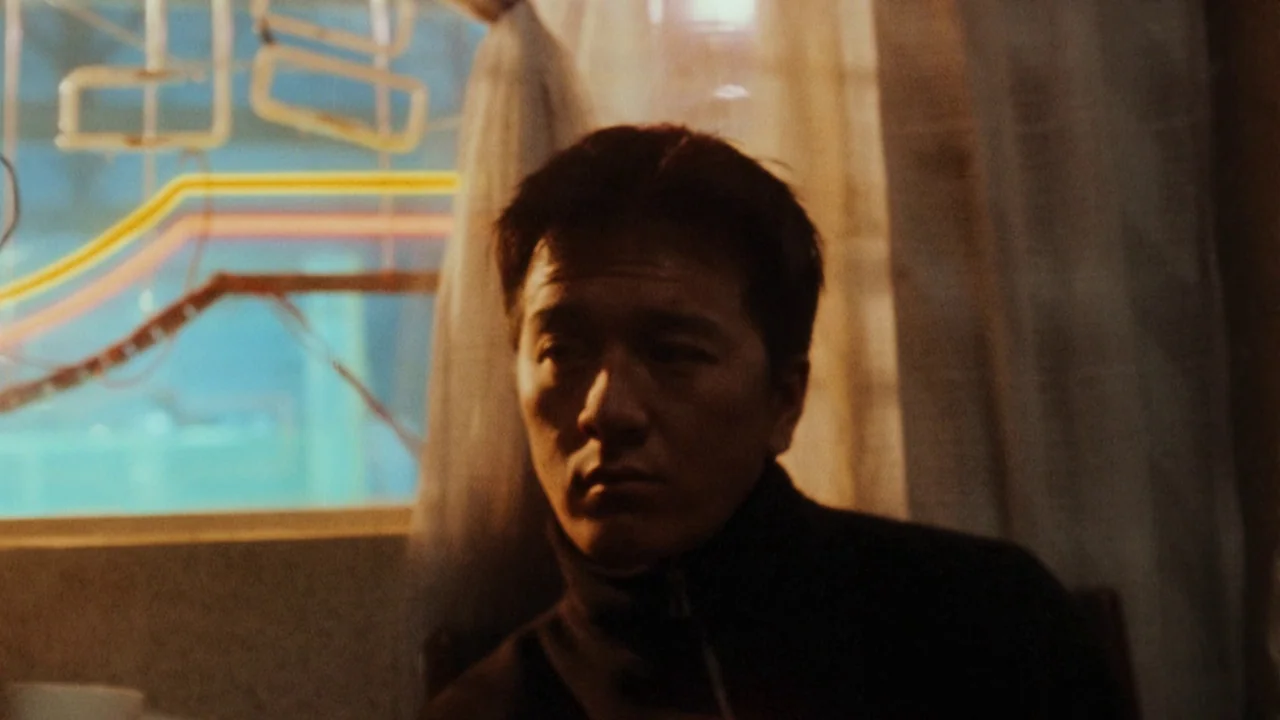 Suzhou River (2000) movie still: closeup — An interior space at night features a man seated beside a window with curtains. Beyond the window a…