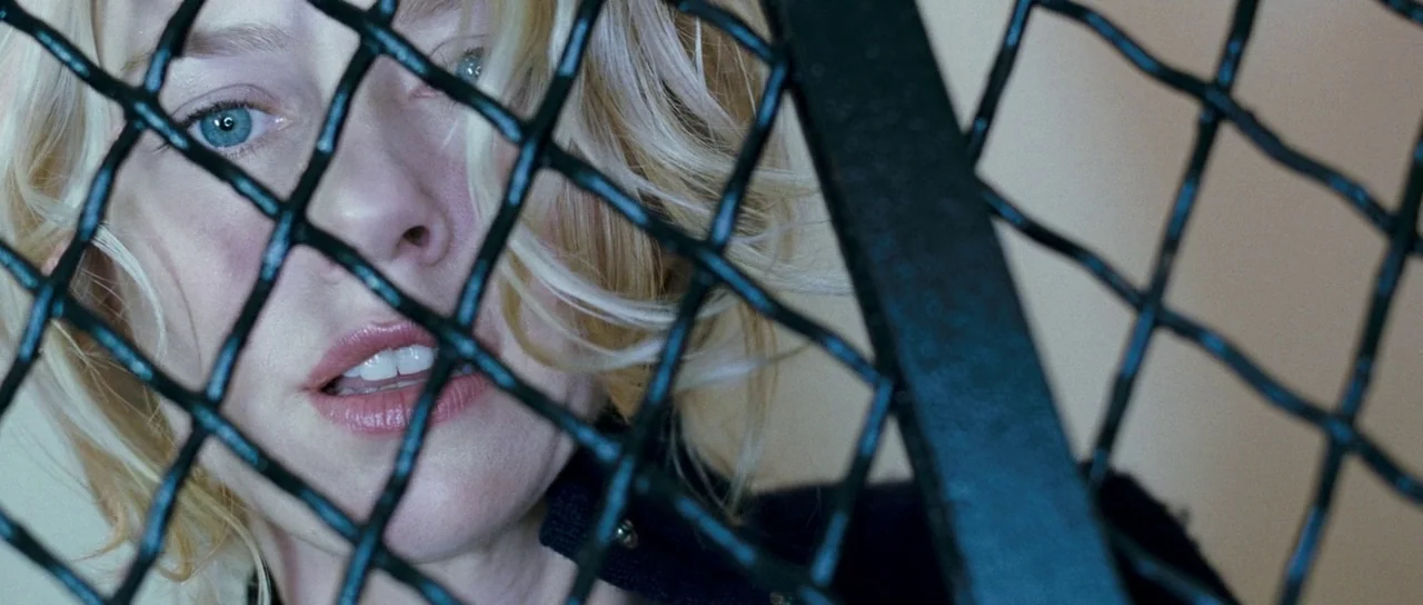 Stay (2005) movie still: closeup — A woman stares upward through a black diamond-patterned metal security gate. The background is a plain,…