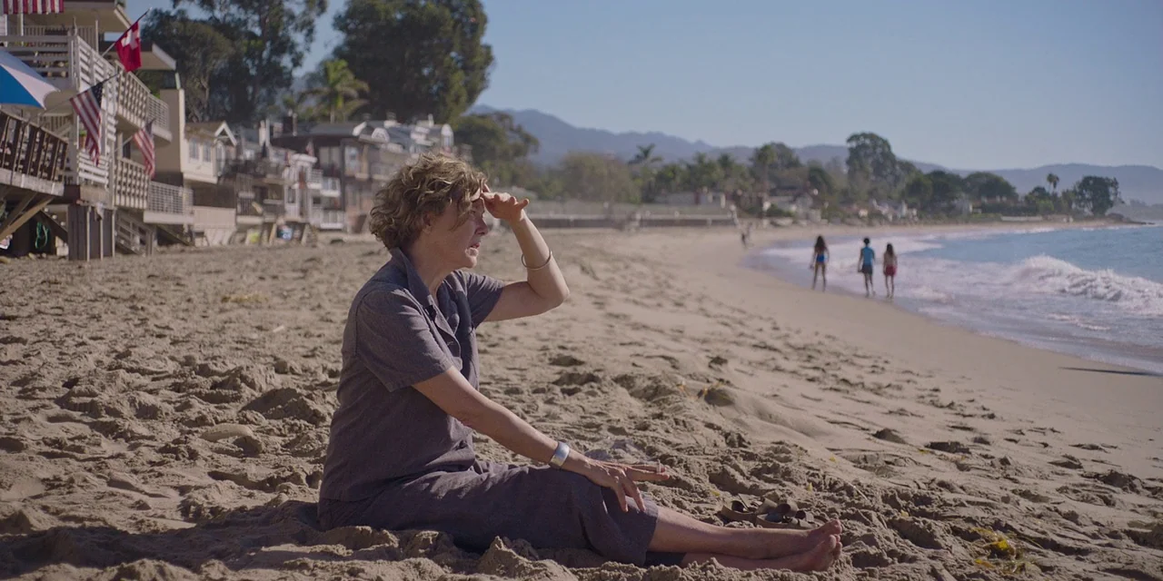20th Century Women (2016) movie still: medium — A sandy beach stretches along a coastline lined with houses on wooden stilts. A woman sits on the…