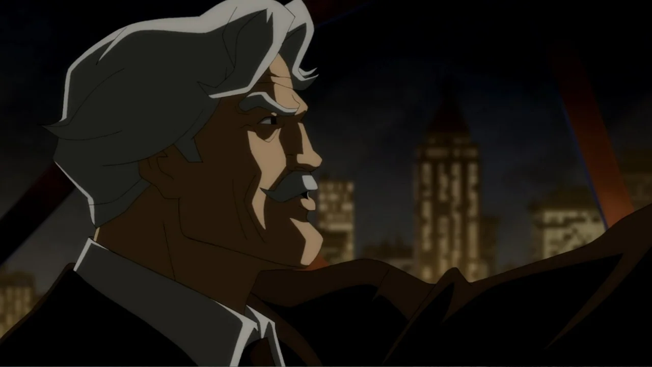 Batman: The Dark Knight Returns, Part 1 (2012) movie still: closeup — The interior of a car at night with a blurred city skyline visible outside. An…