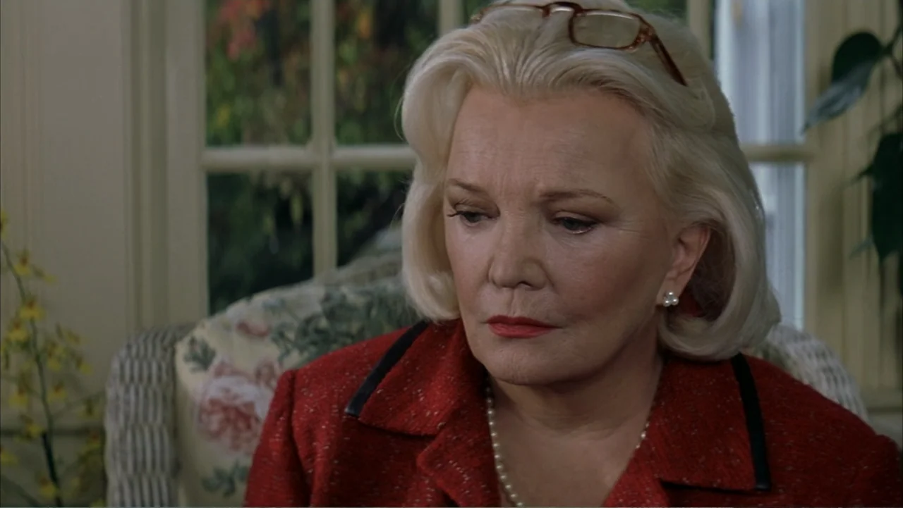 The Notebook (2004) movie still: closeup — An indoor sunroom featuring a white window frame and a patterned wicker chair back. An older blonde woman…