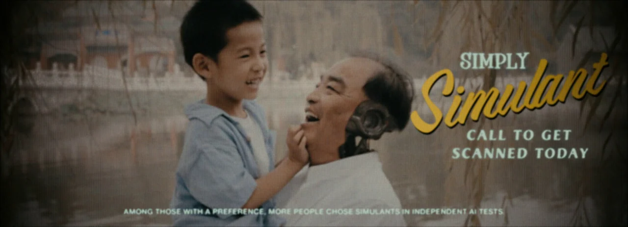 The Creator (2023) movie still: medium — A child stands next to an elderly man with cybernetic implants in a park. The man laughs while the child…