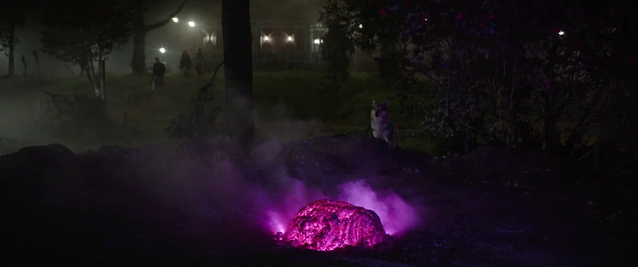 Colour Out of Space (2020) movie still: wide — A dark, misty landscape features a glowing purple object resting on the ground. Several distant…