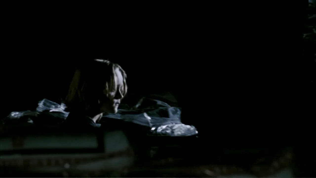 28 Weeks Later (2007) movie still: closeup — A dark vehicle interior with the subject positioned in the middle of the frame. The woman sits silently…