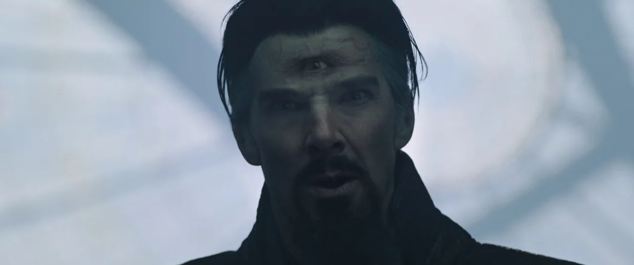 Doctor Strange in the Multiverse of Madness (2022) movie still: closeup — An abstract, foggy environment surrounds the subject in an indeterminate,…