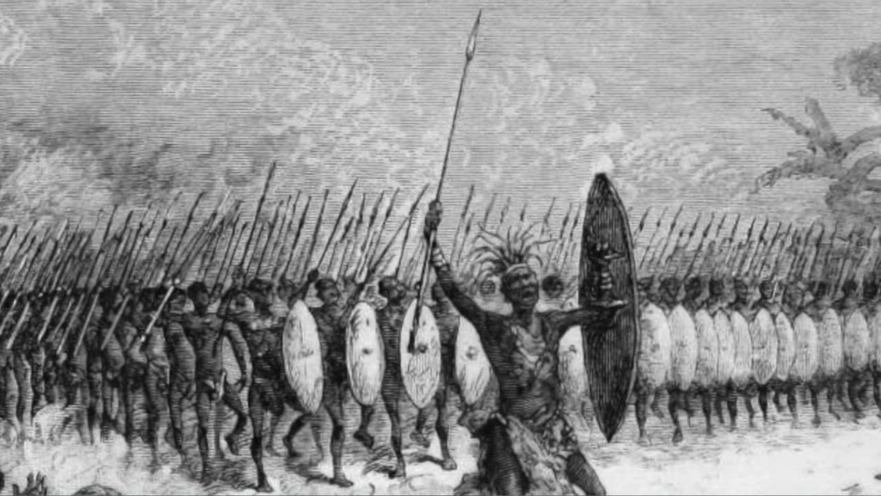 The Atlantis Puzzle (2024) movie still: wide — An historical engraving showing a dense crowd of warriors traversing a grassy landscape. The figures…