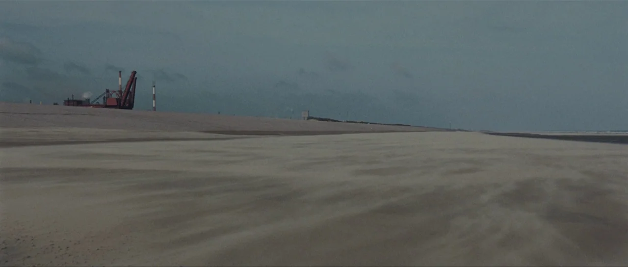 Our Day Will Come (2010) movie still: establishing — A vast, barren beach stretches out under a thick, grey overcast sky. In the far distance,…