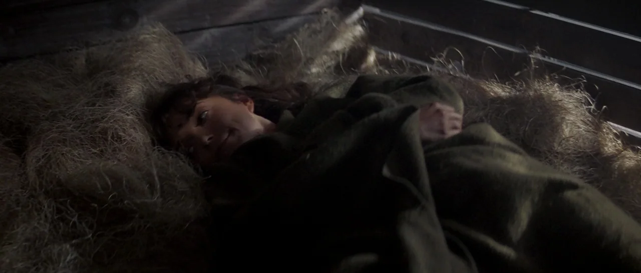 Starman (1984) movie still: medium — A dimly lit barn interior features horizontal wooden wall planks and loose dried hay. A young woman lies…