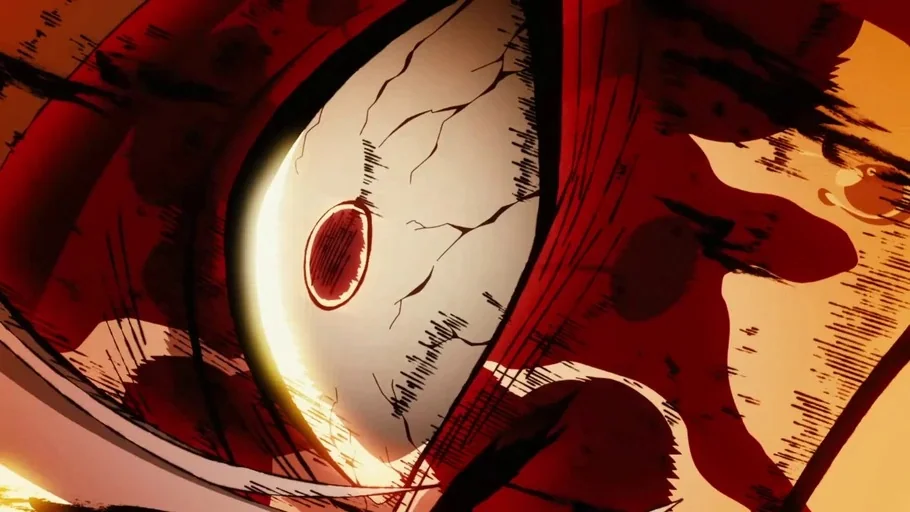 Demon Slayer: Kimetsu no Yaiba (2019) movie still: closeup — An abstract, extreme close-up of a single wide eye against a dark red backdrop. The…