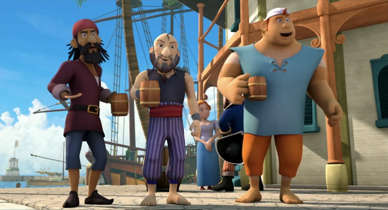 Capt'n Sharky (2018) movie still: fullbody — A sunny harbor wharf features wooden buildings and a docked sailboat in the background. Three stylized…